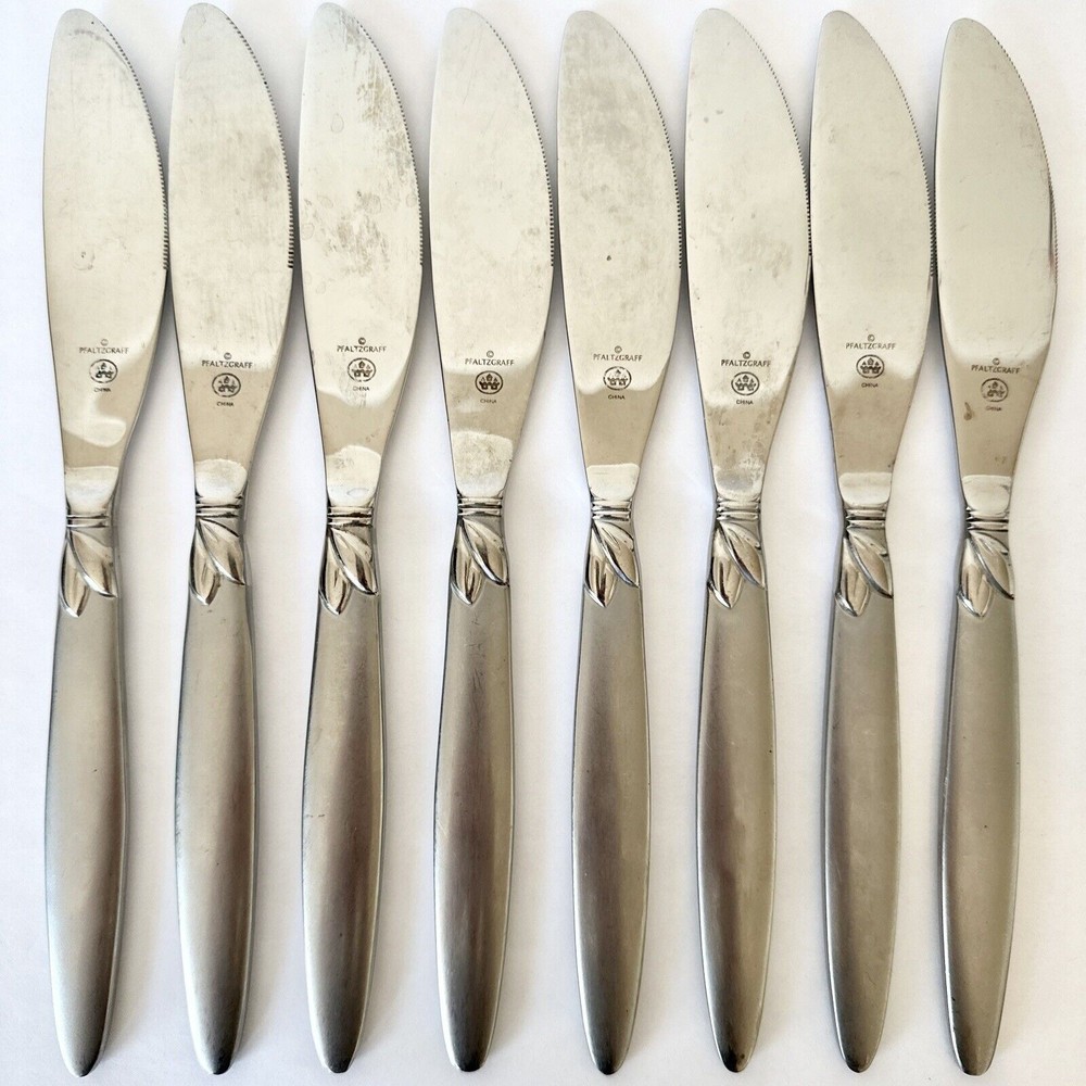 8‎ Pc Pfaltzgraff stainless 18/0 Satin Laurel Frosted handle Dinner Knives￼